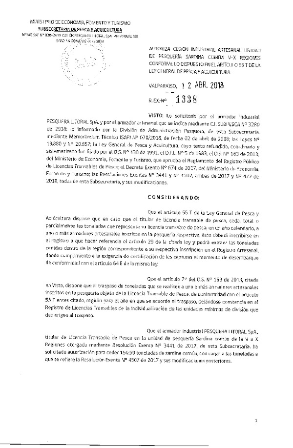Res. Ex. N° 1338-2018 Autoriza cesión Sardina común VIII Región.