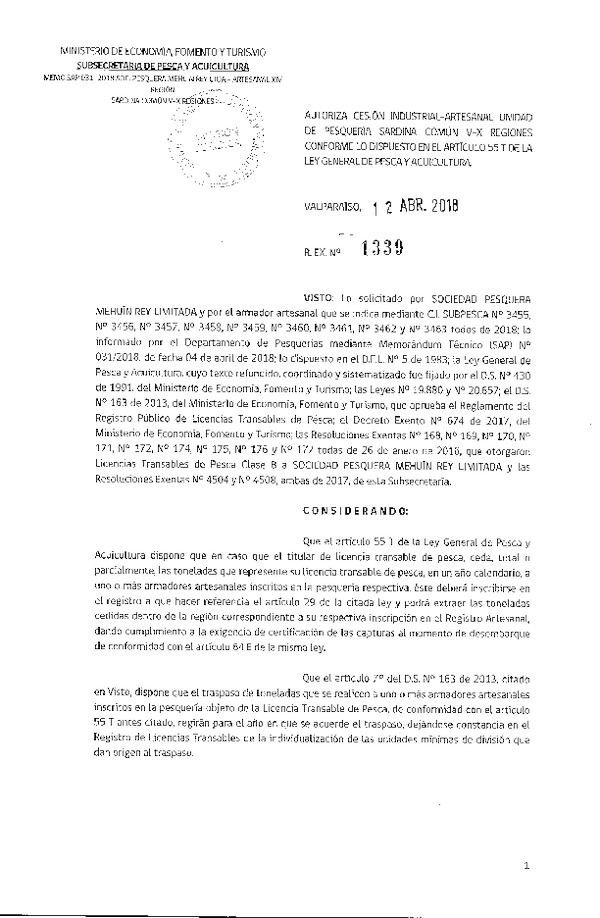 Res. Ex. N° 1339-2018 Autoriza cesión Sardina común XIV Región.