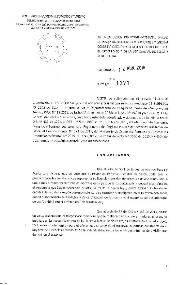 Res. Ex. N° 1371-2018 Autoriza cesión Anchoveta y Sardina común XIV Región.
