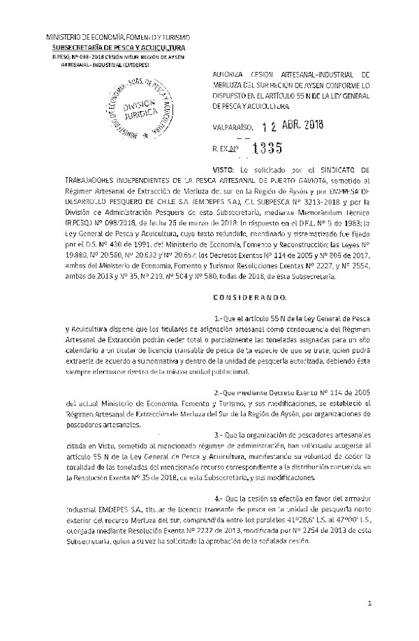 Res. Ex. N° 1335-2018 Cesión Merluza del sur XI Región.