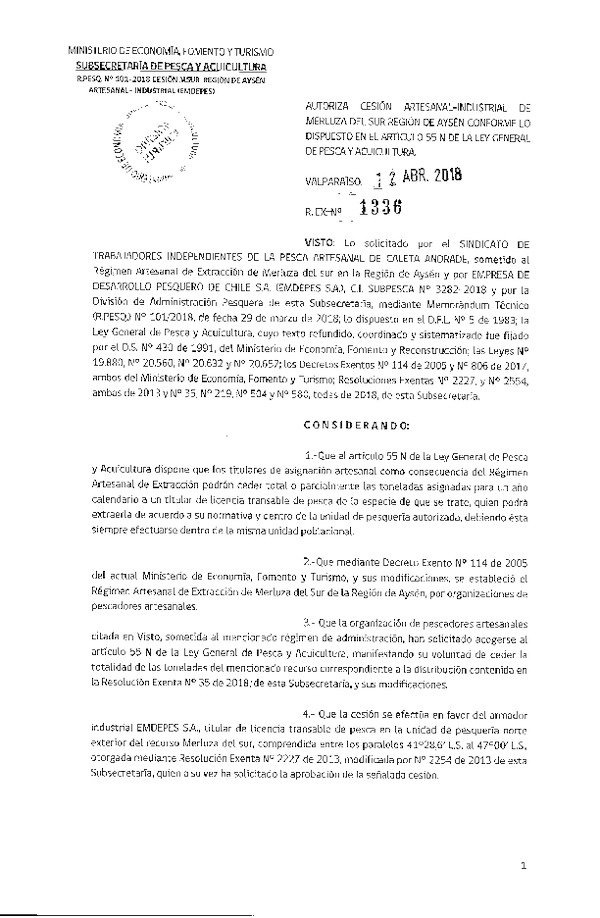 Res. Ex. N° 1336-2018 Cesión Merluza del sur XI Región.