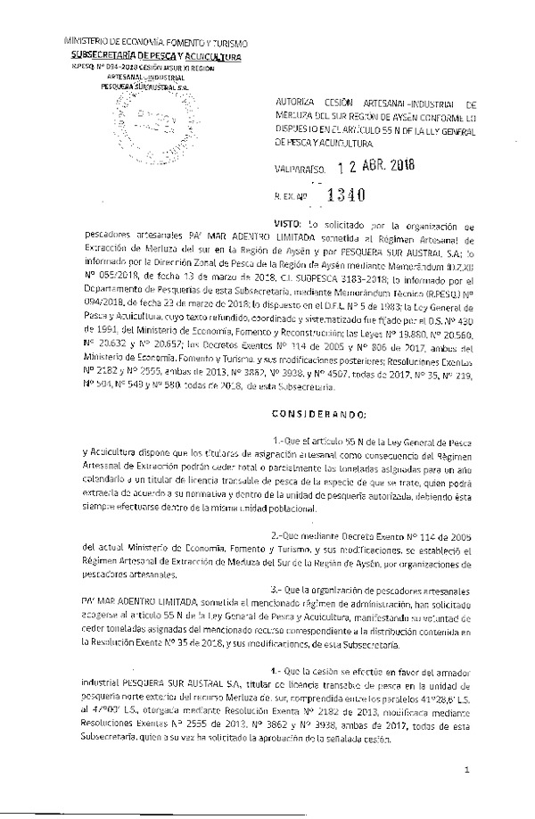 Res. Ex. N° 1340-2018 Cesión Merluza del sur XI Región.