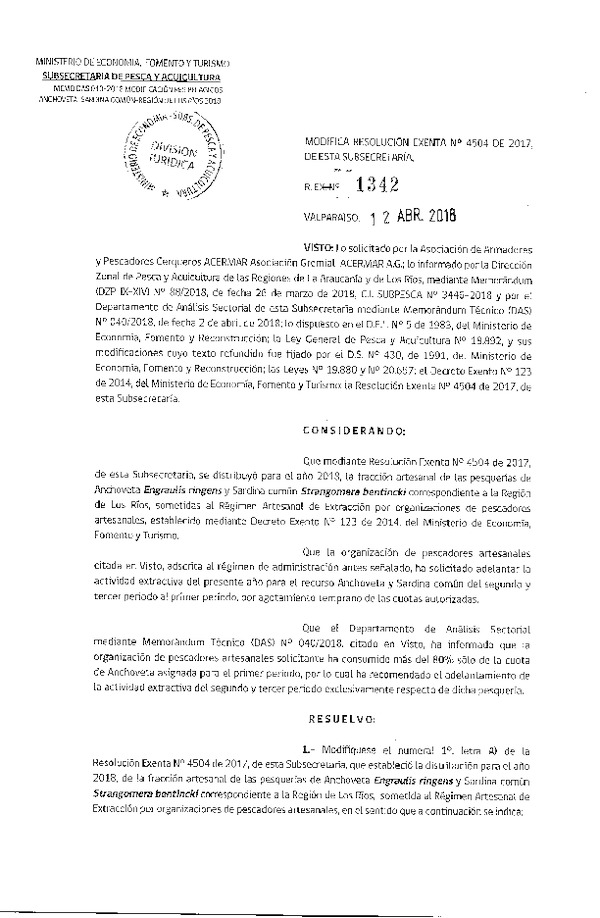 Res. Ex. N° 1342-2018 Modifica Res. Ex. N° 4504-2017 Distribución de la fracción artesanal anchoveta y sardina común, XIV Región, año 2018. (Publicado en Página Web 16-04-2018)