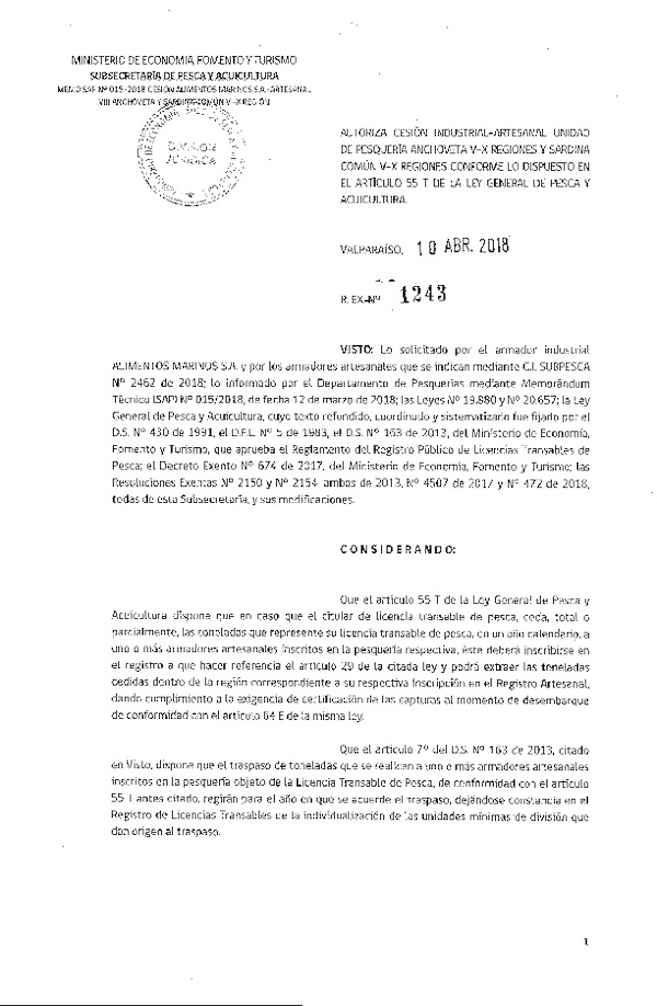 Res. Ex. N° 1243-2018 Modifica Res. Ex. N° 472-2018 Distribución de la fracción artesanal de pesquería de anchoveta y sardina común. (Publicado en Página Web 16-04-2018)