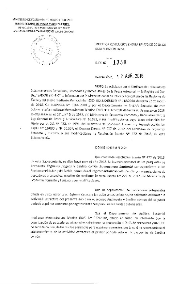 Res. Ex. N° 1350-2018 Modifica Res. Ex. N° 472-2018 Distribución de la fracción artesanal de pesquería de anchoveta y sardina común. (Publicado en Página Web 16-04-2018)