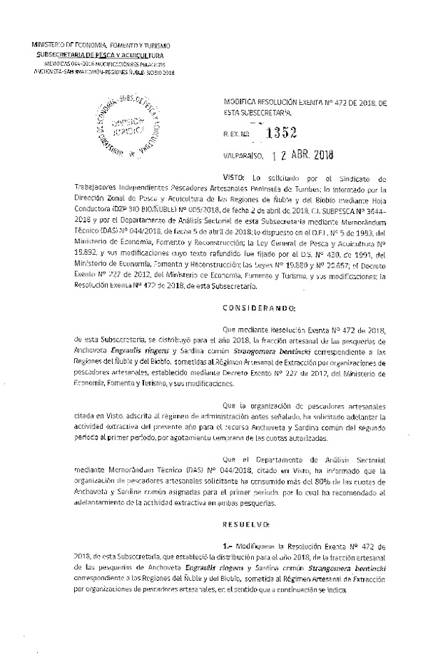 Res. Ex. N° 1352-2018 Modifica Res. Ex. N° 472-2018 Distribución de la fracción artesanal de pesquería de anchoveta y sardina común. (Publicado en Página Web 16-04-2018)