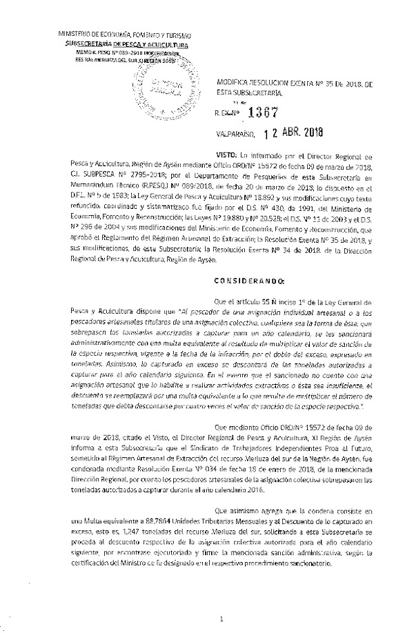 Res. Ex. N° 1367-2018 Modifica Res. Ex. N°35 de 2018, RAE Merluza del sur. (Publicado en Página Web 16-04-2018) (F.D.O. 24-04-2018)