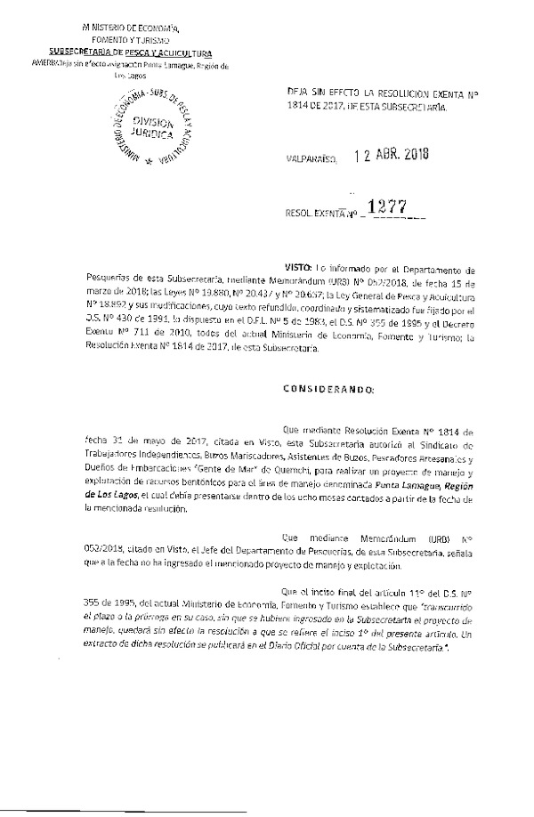 Res. Ex. N° 1277-2018 Deja sin efecto Res. Ex. N° 1814-2017.