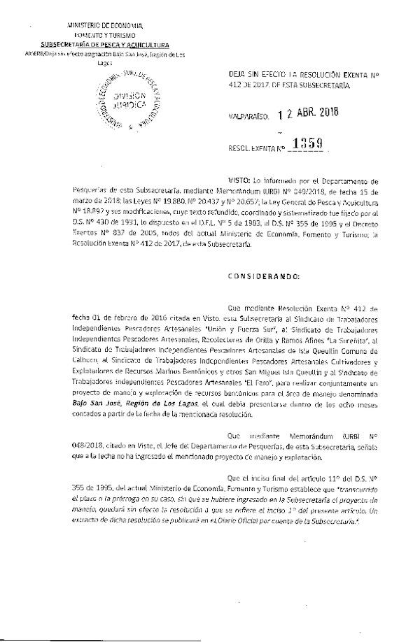 Res. Ex. N° 1359-2018 Deja sin efecto Res. Ex. N° 412-2017.