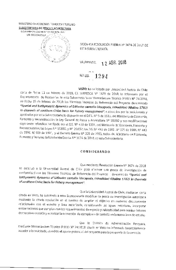 Res. Ex. N° 1294-2018 Modifica Res. Ex. N° 3674-2017 Spatial and Bathymetric Dynamic of Lithdes sentolla.