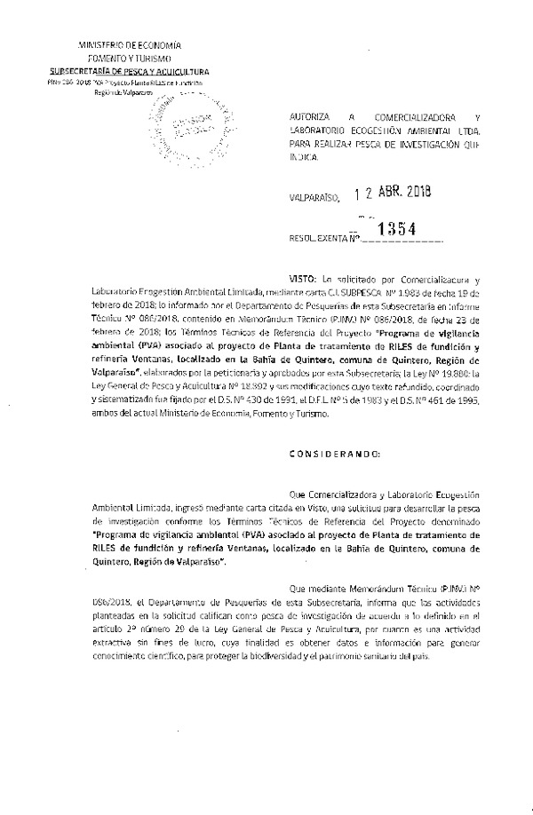 Res. Ex. N° 1354-2018 Programa de vigilancia, Región de Valparaíso.