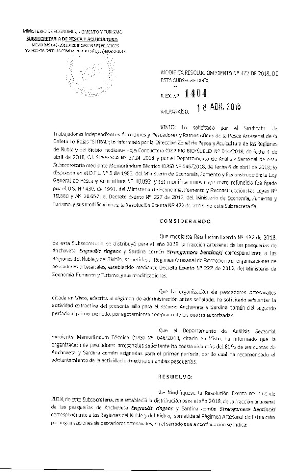 Res. Ex. N° 1404-2018 Modifica Res. Ex. N° 472-2018 Distribución de la fracción artesanal de pesquería de anchoveta y sardina común. (Publicado en Página Web 18-04-2018)