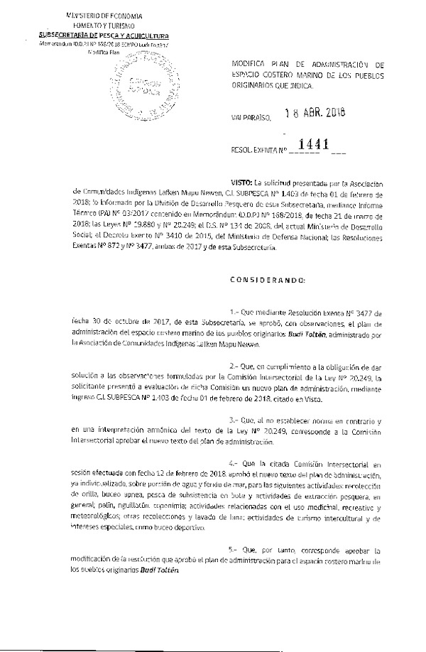 Res. EX. N° 1441-2018 Modifica Res. Ex. N° 3473-2017 Aprueba Plan de Manejo y Explotación de ECMPO Mahui Dantu, X Región. (Publicado en Página Web 19-04-2018)