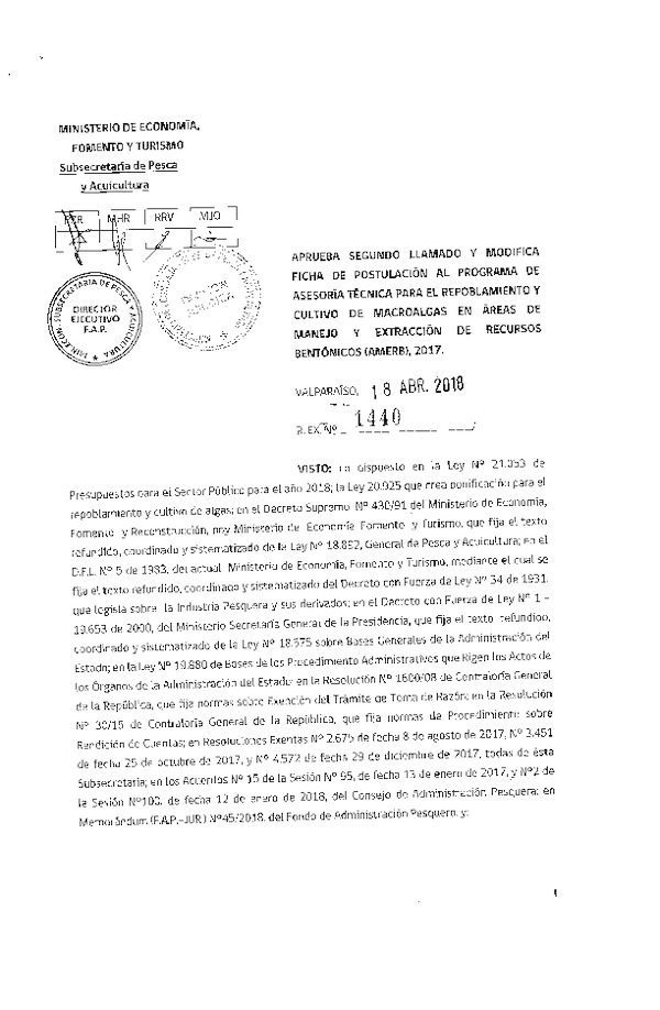 Res. Ex. N° 1440-2018 Aprueba segundo llamado y modifica ficha de postulación al Programa de Asesoría Técnica para el repoblamiento y cultivo de macroalgas en áreas de manejo y extracción de recursos bentónicos (AMBERS), 2017