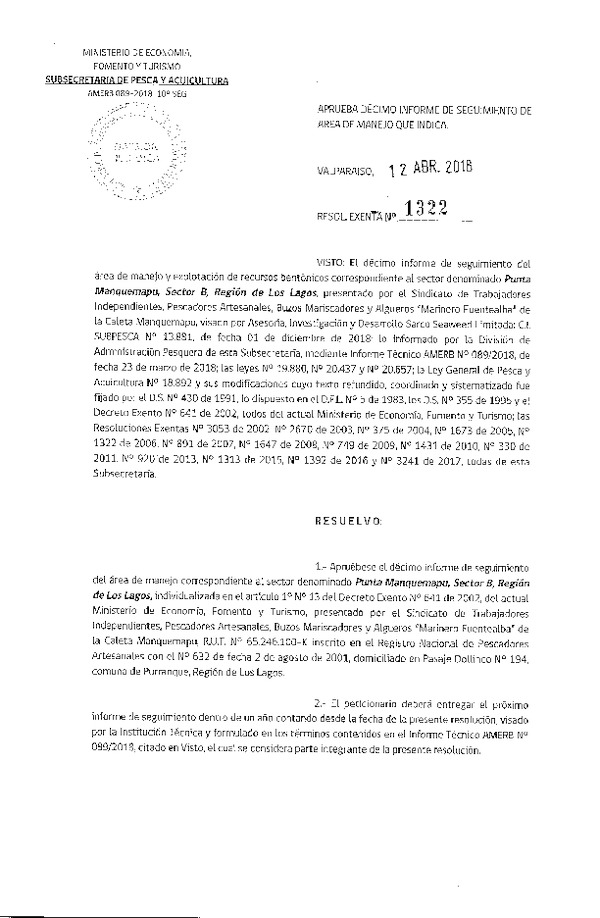 Res. Ex. N° 1322-2018 10° Seguimiento.