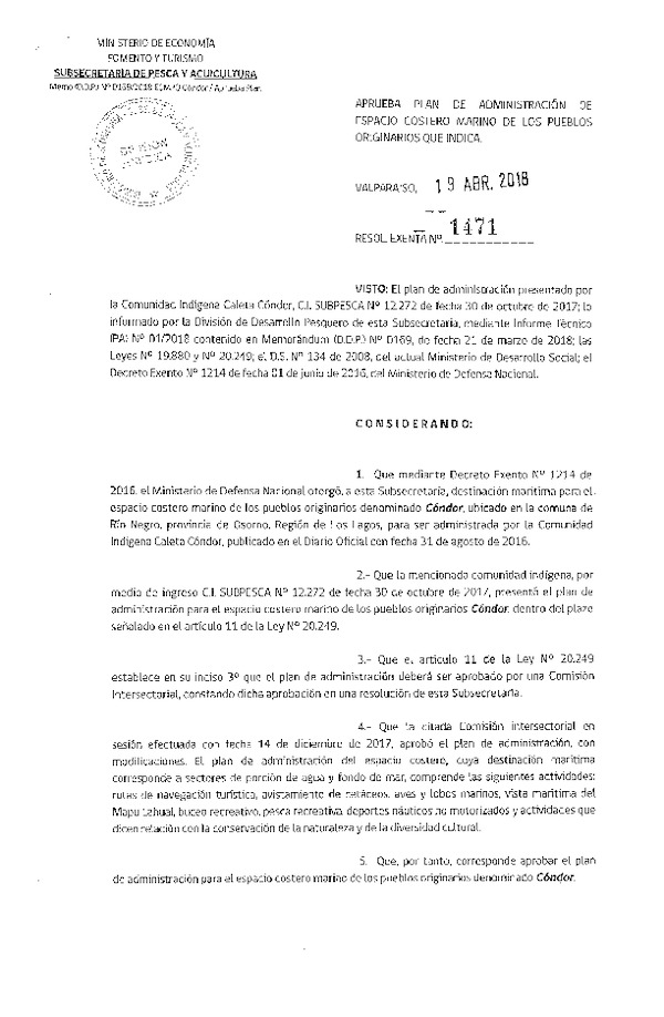 Res. Ex. N° 1471-2018 Aprueba plan de administración de ECMPO, Cóndor, Región de Los Lagos. (Publicado en Página Web 20-04-2018)