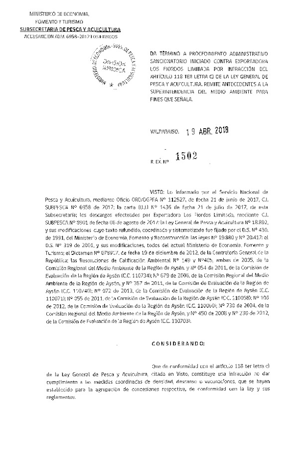 Res. Ex. N° 1502-2018 Da término a procedimiento administrativo sancionatorio. (Publicado en Página Web 20-04-2018)