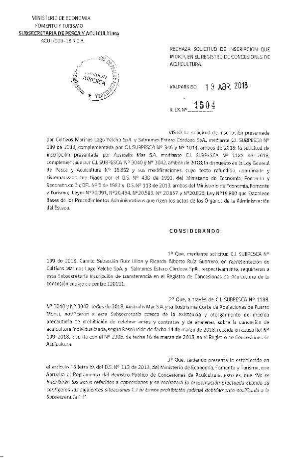 Res. Ex. N° 1504-2018 Rechaza solicitud de inscripción que indica en el Registro de Concesión de Acuicultura.