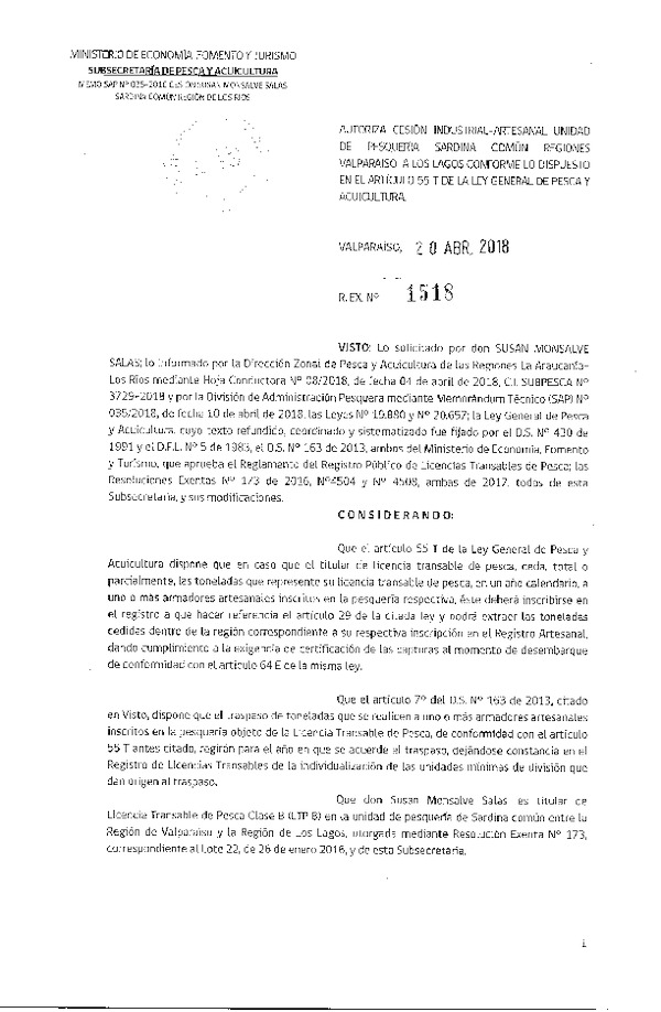 Res. Ex. N° 1518-2018 Autoriza cesión Sardina común XIV Región.