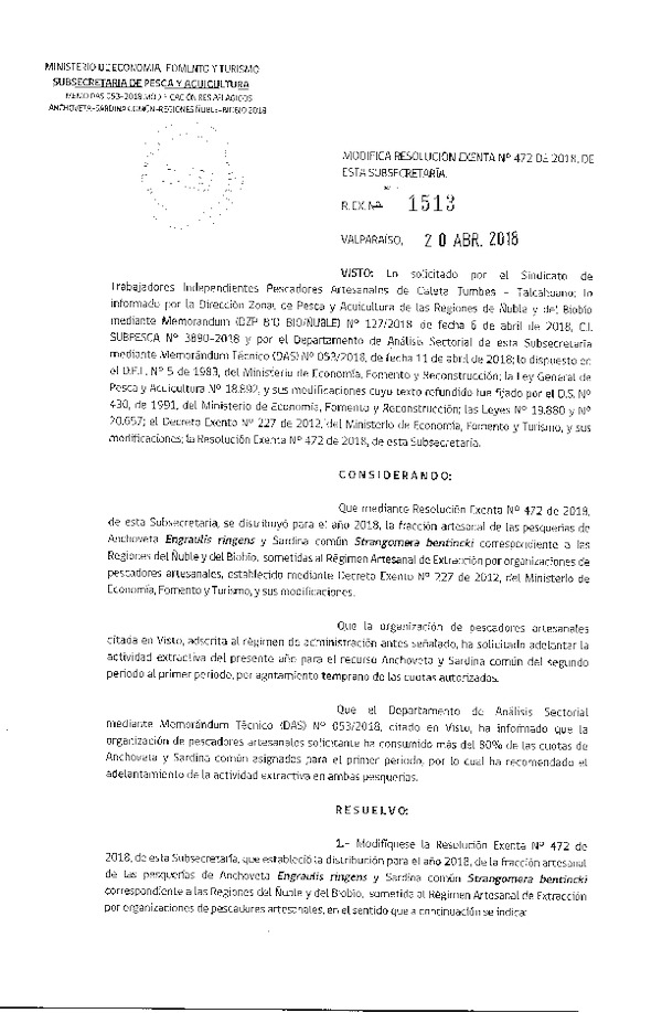 Res. Ex. N° 1513-2018 Modifica Res. Ex. N° 472-2018 Distribución de la fracción artesanal de pesquería de anchoveta y sardina común. (Publicado en Página Web 20-04-2018)