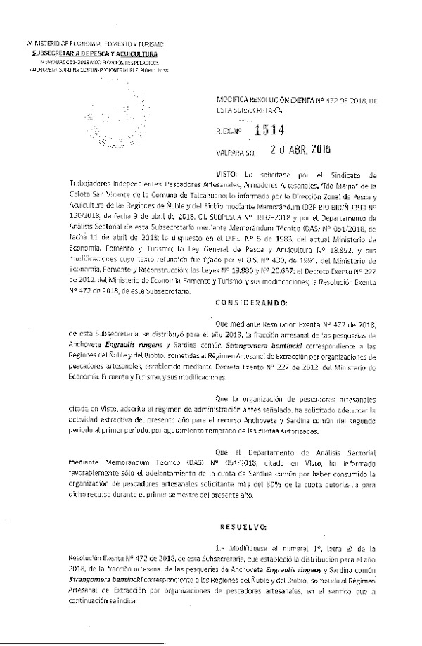 Res. Ex. N° 1514-2018 Modifica Res. Ex. N° 472-2018 Distribución de la fracción artesanal de pesquería de anchoveta y sardina común. (Publicado en Página Web 20-04-2018)