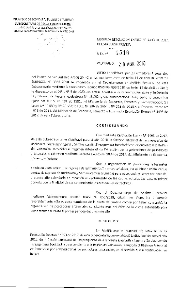 Res. Ex. N° 1516-2018 Modifica Res. Ex. N° 4493-2017 Distribución de la fracción artesanal anchoveta, sardina común y jurel, V Región, año 2018. (Publicado en Página Web 20-04-2018)