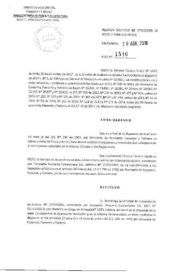 Res. Ex. N° 1546-2018 Rechaza solicitud de concesión.