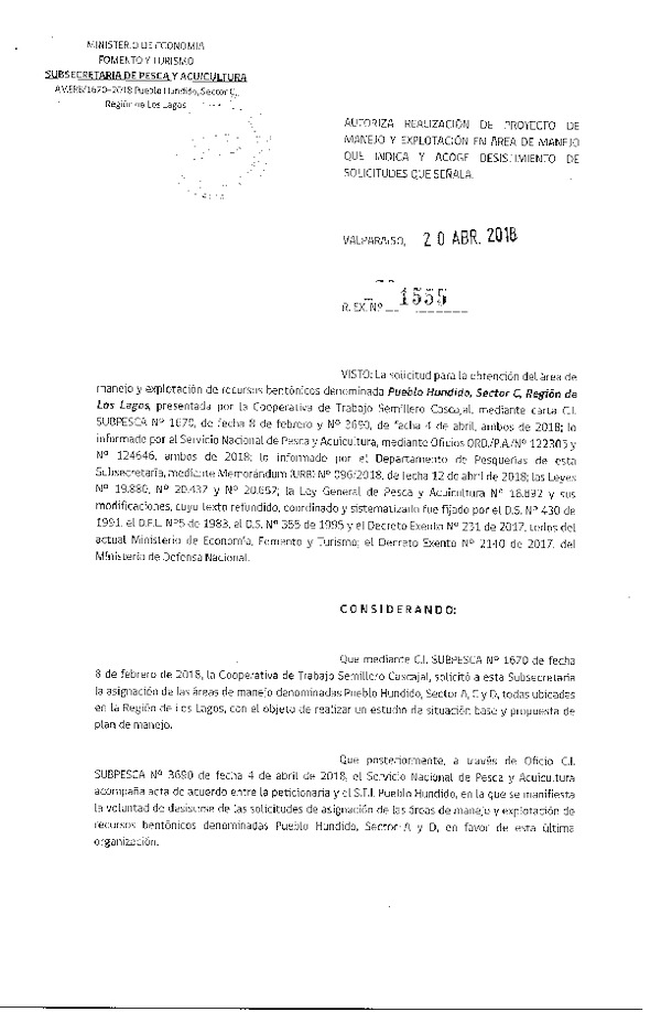 Res. Ex. N° 1555-2018 Proyecto de Manejo y Acoge Desistimiento de Solicitudes que Señala.