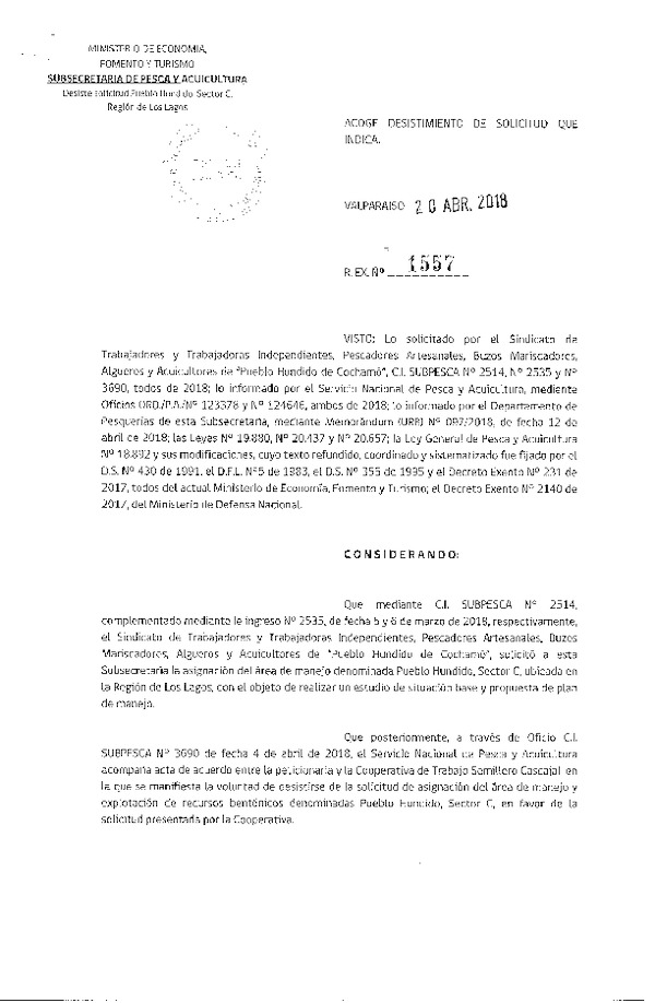 Res. Ex. N° 1557-2018 Acoge Desistimiento de Solicitud que Indica.