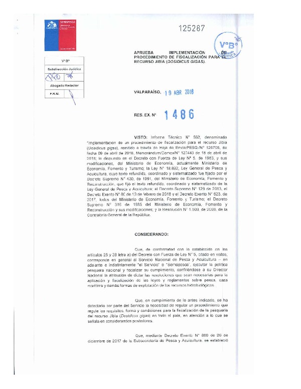 Res. Ex. N° 1486-2018 (Sernapesca) Aprueba Implementación de Procedimiento de Fiscalización para el Recurso Jibia (Dosidicus Gigas) Publicado en Página Web 24-04-2018)