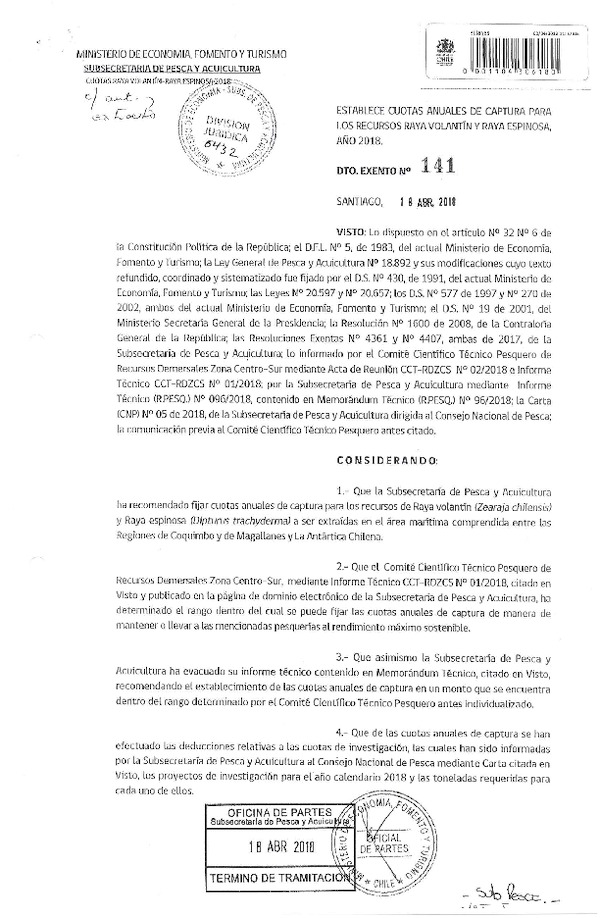 Dec. Ex. N° 141-2018 Establece Cuotas Anuales de Captura para los Recursos Raya Volantín y Raya Espinosa, Entre la Región de Coquimbo y de Magallanes. (Publicado en Página Web 25-04-2018) (F.D.O. 25-04-2018)