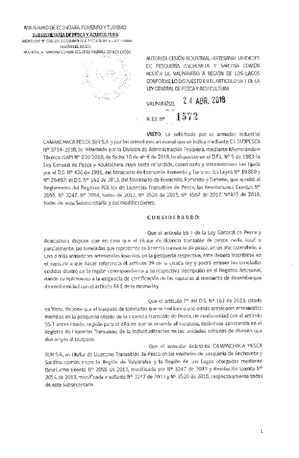 Res. Ex. N° 1572-2018 Autoriza cesión anchoveta y sardina común.