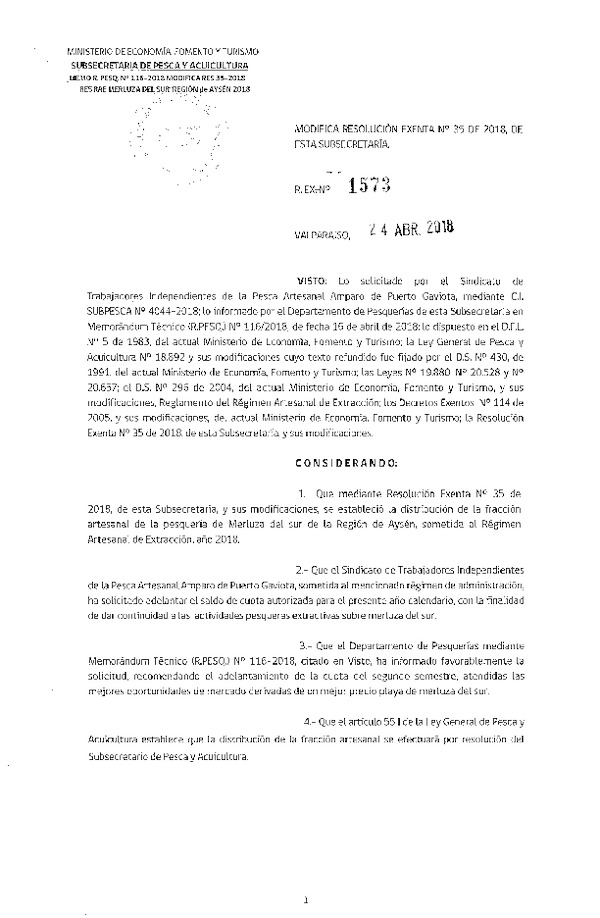 Res. Ex. N° 1573-2018 Modifica Res. Ex. N°35 de 2018, RAE Merluza del sur. (Publicado en Página Web 25-04-2018)