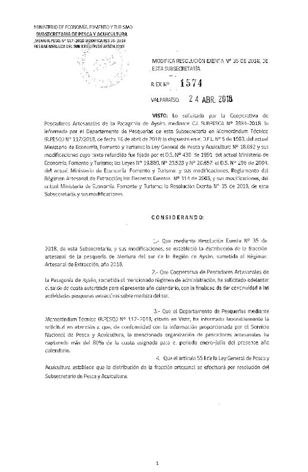 Res. Ex. N° 1574-2018 Modifica Res. Ex. N°35 de 2018, RAE Merluza del sur. (Publicado en Página Web 25-04-2018)