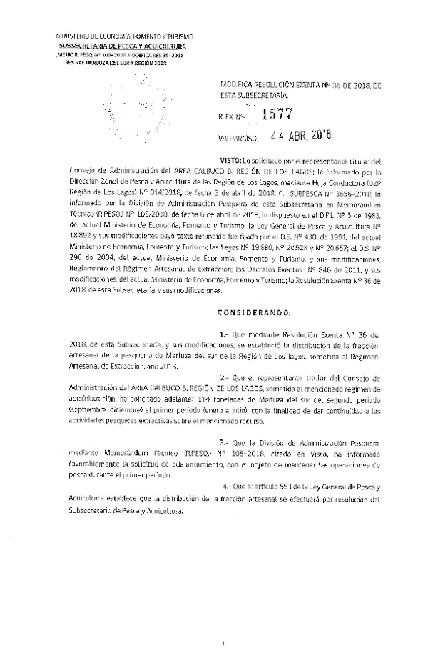 Res. Ex. N° 1577-2018 Modifica Res. Ex. N° 36-2018 Distribución de la Fracción Artesanal de Pesquería de Merluza del Sur, X Región, Año 2018. (Publicado en Página Web 25-04-2018)