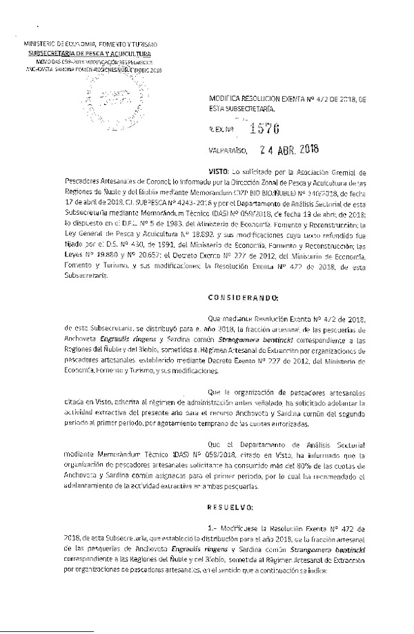 Res. Ex. N° 1576-2018 Modifica Res. Ex. N° 472-2018 Distribución de la fracción artesanal de pesquería de anchoveta y sardina común. (Publicado en Página Web 25-04-2018)