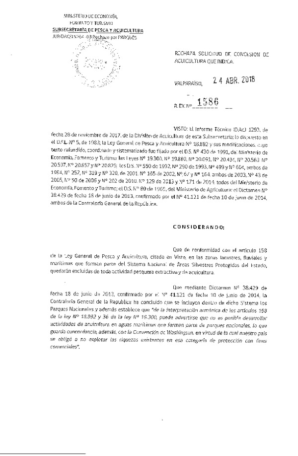 Res. Ex. N° 1586-2018 Rechaza solicitud de concesión.