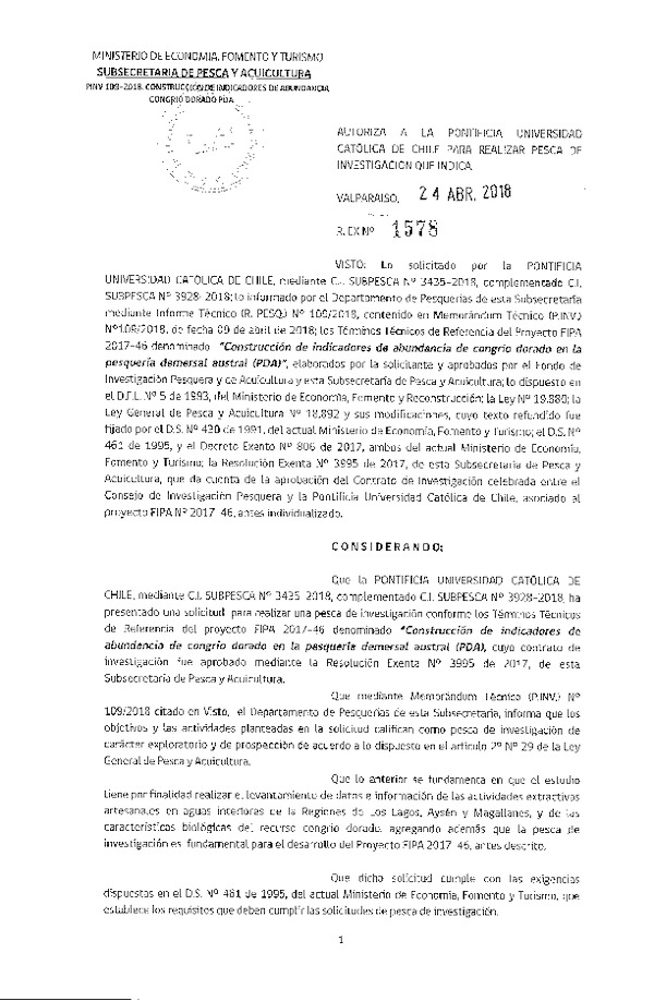 Res. Ex. N° 1578-2018 Construcción de indicadores de abundancia de congrio dorado.