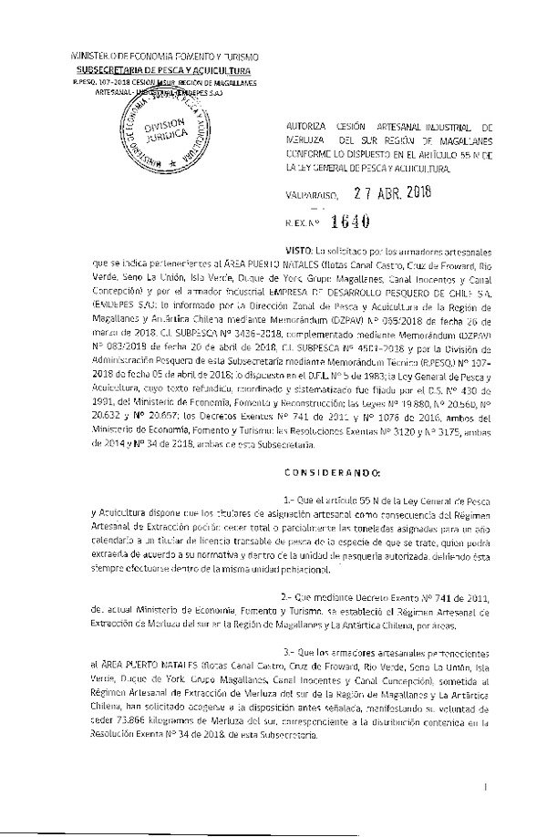 Res. Ex. N° 1640-2018 Cesión Merluza del sur Región de Magallanes.
