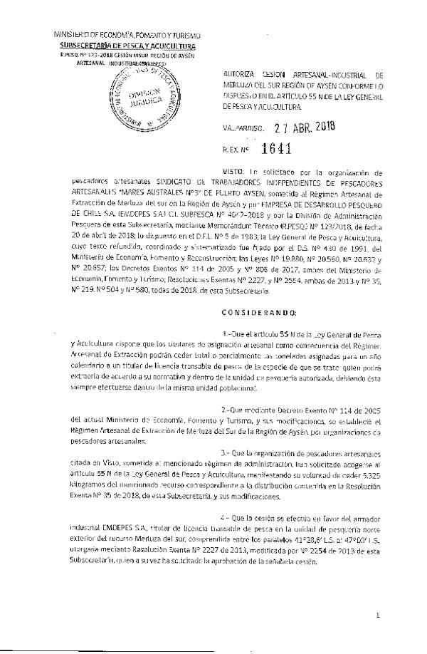 Res. Ex. N° 1641-2018 Cesión Merluza del sur Región de Aysén.