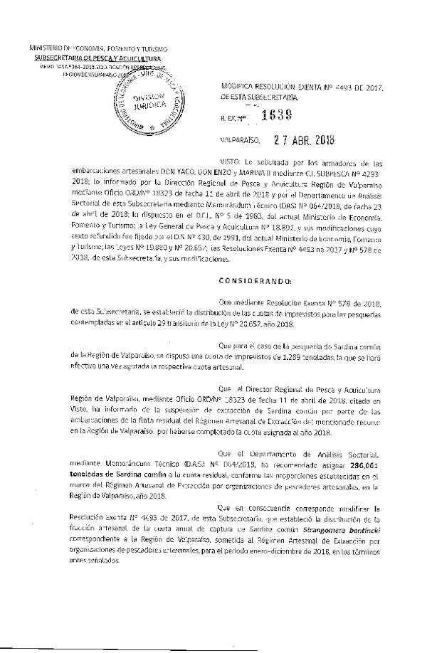 Res. Ex. N° 1639-2018 Modifica Res. Ex. N° 4493-2017 Distribución de la fracción artesanal anchoveta, sardina común y jurel, V Región, año 2018. (Publicado en Página Web 02-05-2018)