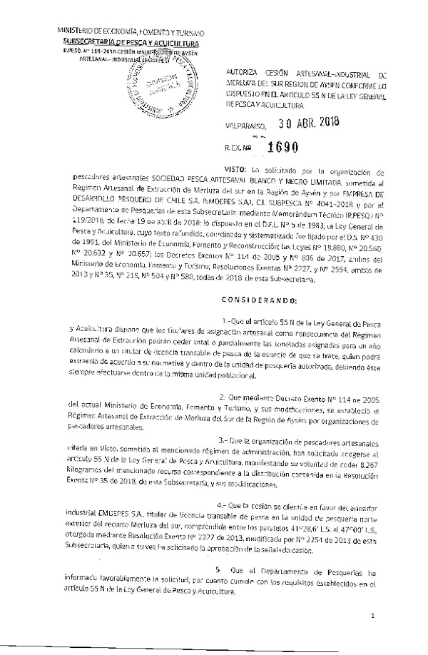 Res. Ex. N° 1690-2018 Cesión Merluza del sur Región de Aysén.