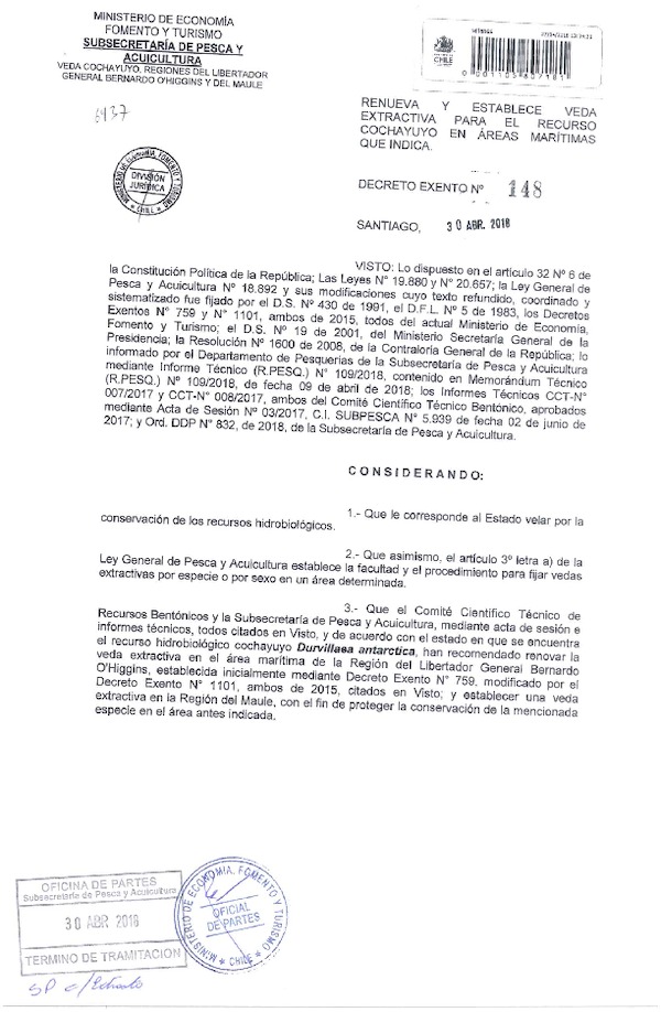 Dec. Ex. N° 148-2018 Renueva y Establece Veda Extractiva para el Recurso Cochayuyo, Regiones del Libertador General Bernardo O'Higginis y del Maule. (Publicado en Página Web 02-05-2018) (F.D.O. 05-05-2018)