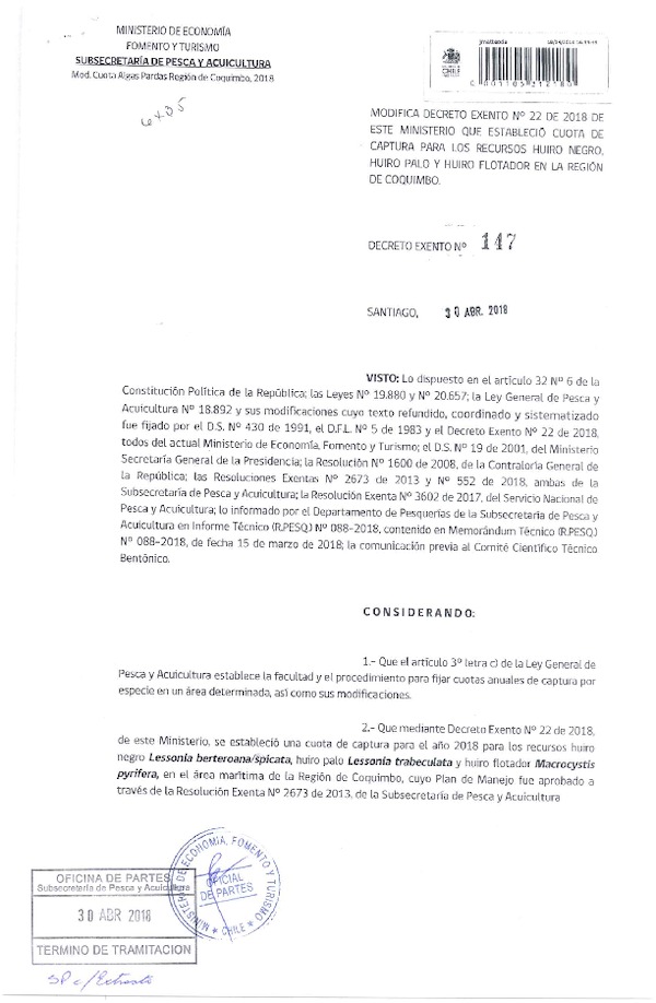 Dec. Ex. N° 147-2018 Modifica Dec. Ex. N° 22-2018 Establece Cuota de Captura Recursos Huiro Negro, Huiro Palo y Huiro Flotador en la Región de Coquimbo, Año 2018. (Publicado en Página web 02-05-2018) (F.D.O. 05-05-2018)