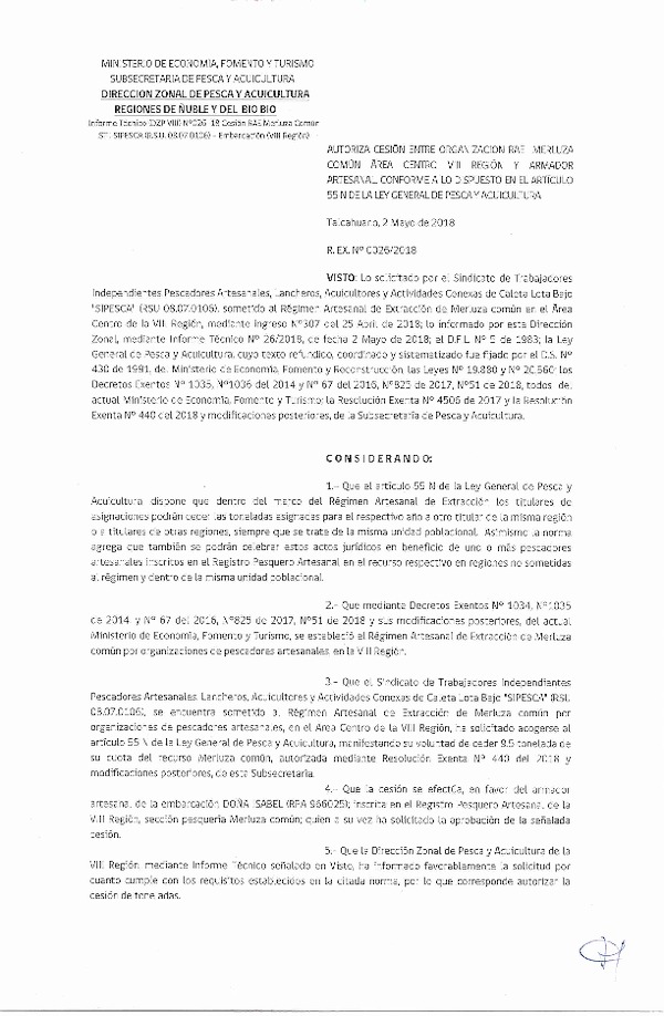 Res. Ex. N° 26-2018 (DZP VIII) Autoriza Cesión Merluza común, Región del Biobío.
