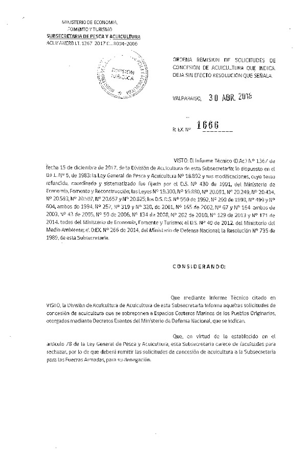 Res. Ex. N° 1666-2018 Ordena remisión de solicitudes de concesión de acuicultura que indica.