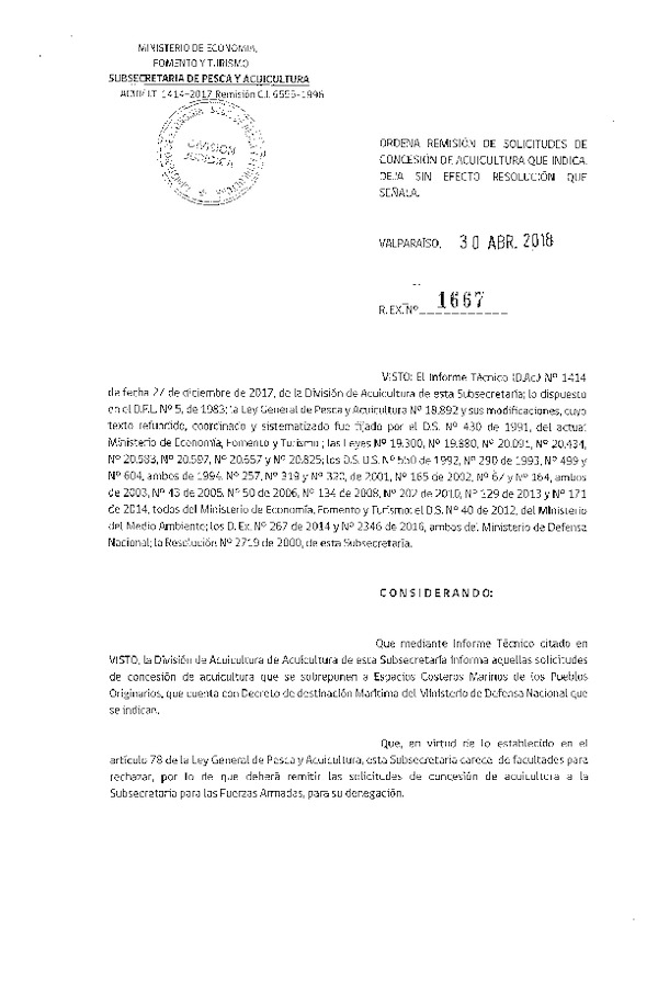 Res. Ex. N° 1667-2018 Ordena remisión de solicitudes de concesión de acuicultura que indica.