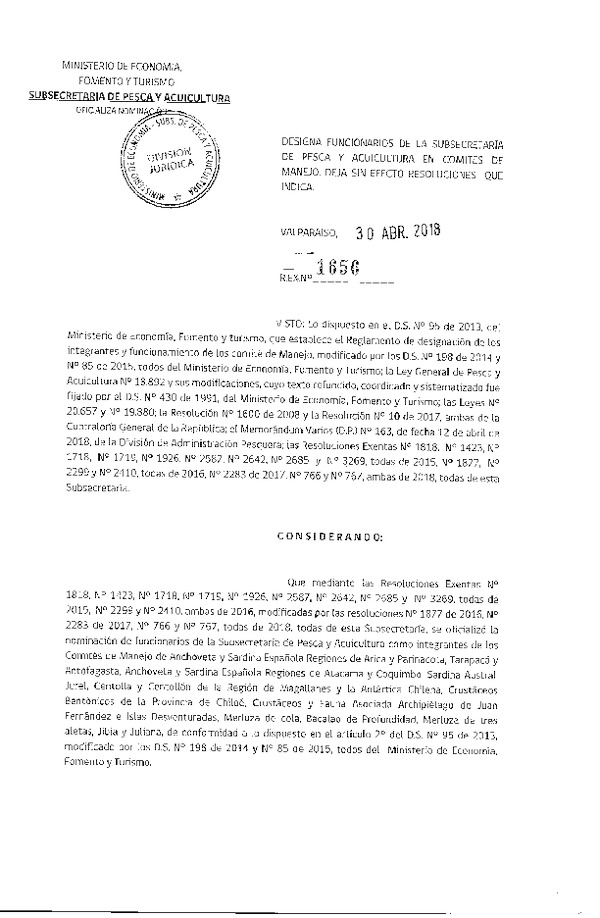 Res. Ex. N° 1656-2018 Designa Funcionarios de la Subsecretaría de Pesca y Acuicultura en Comités de Manejo. Deja sin Efecto Resoluciones que Indica. (Publicado en Página Web 03-05-2018)