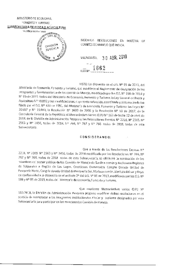 Res. Ex. N° 1662-2018 Modifica Resoluciones en Materia de Comités de Manejo que Indica. (Publicado en Página Web 03-05-2018)