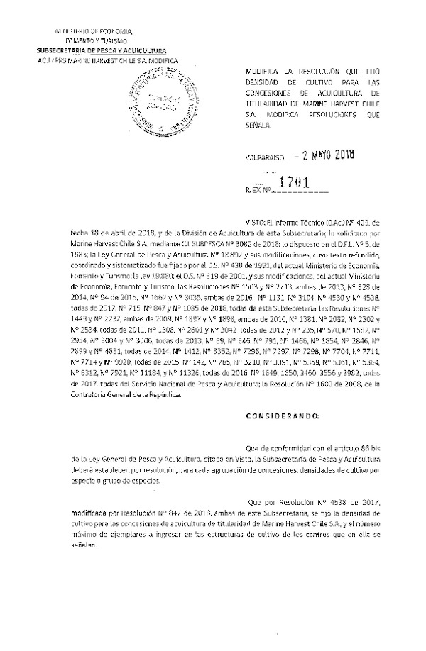 Res. Ex. N° 1701-2018 Modifica Res. Ex. N° 4538-2017 Fija Densidad de Cultivo para las Concesiones de Acuicultura que Indica. (Con Informe Técnico) (Publicado en Página Web 03-05-2018).